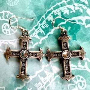 Silver and rhinestone cross earrings